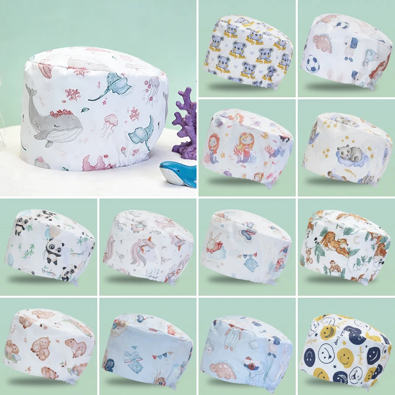 Cute Printing Nurse Caps Dental Surgoen Hat Comfortable Pet Store Scrub Hat Soft Dentist Headwear Cotton Vet Chef Work Cap K1071