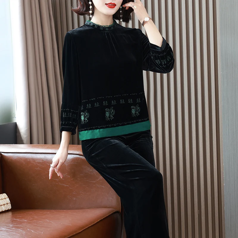 2023 Autumn and Winter New Women's Silk Velvet Long Sleeve Top and Pants Two Piece Set of Velvet Embroidered Wide Leg Pants