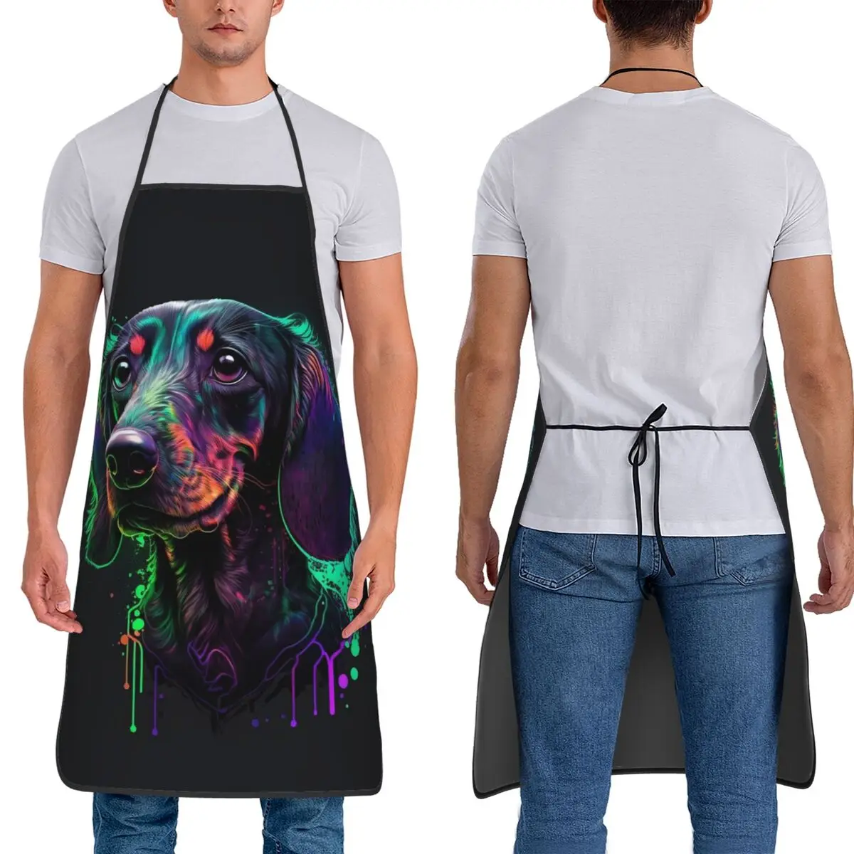 Colour Happy Puppy Dog Print Apron Chef Cooking Tablier Sleeveless Bib Kitchen Cleaning Pinafore for Women Men Painting
