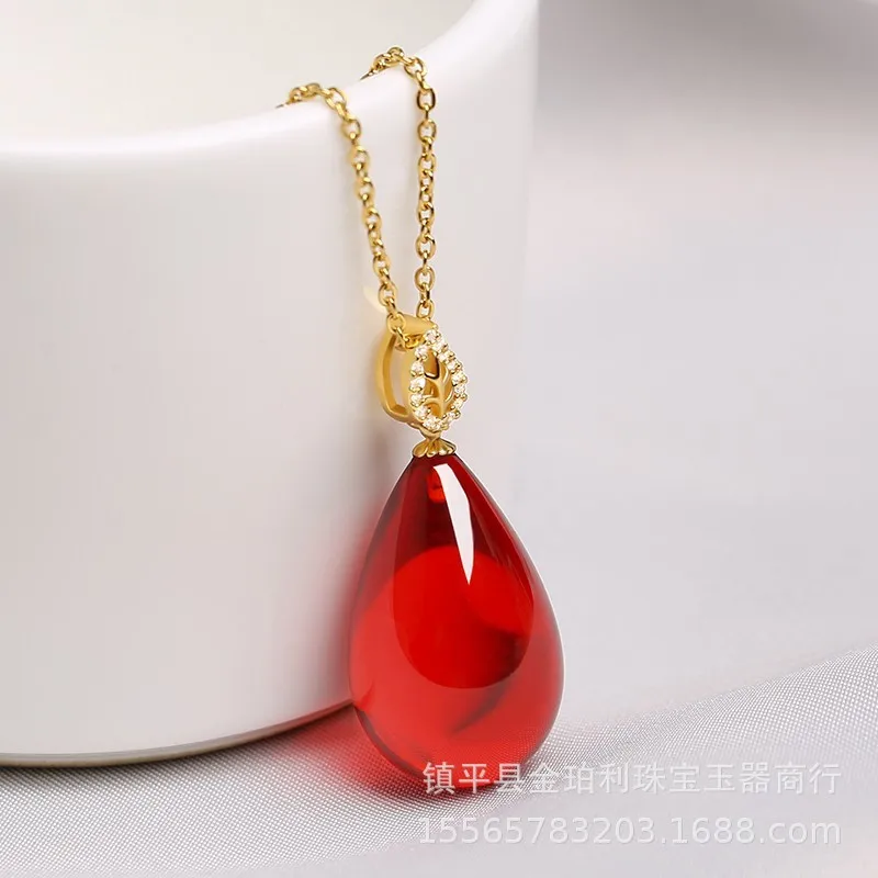 Beeswax Water Drop Pendant Wine Red Blood Amber Sweater Chain Men's and Women's Chicken Oil Yellow with Shape Long Ethnic Style