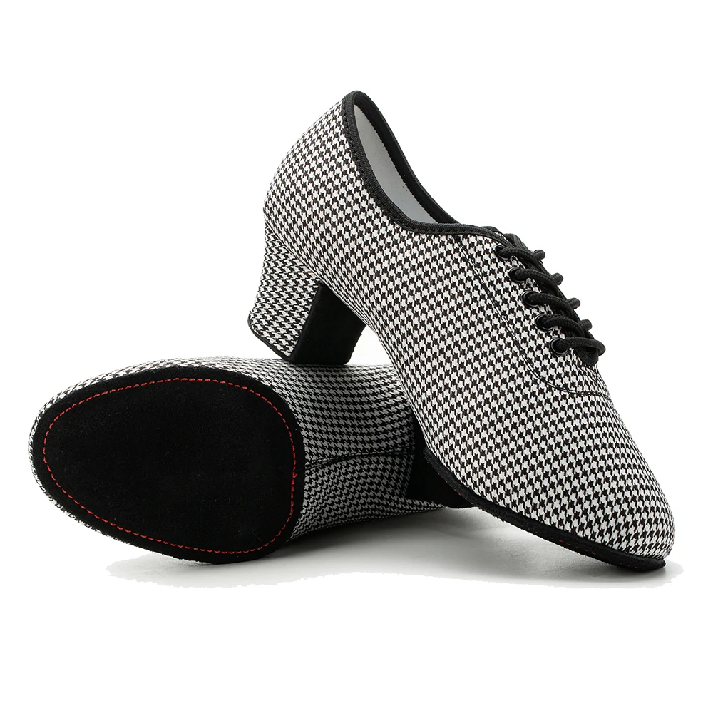 Women  Latin Ballroom Dance Shoes Medium High Heel Soft Sole Breathable Oxford Cloth Houndstooth Dance Shoes