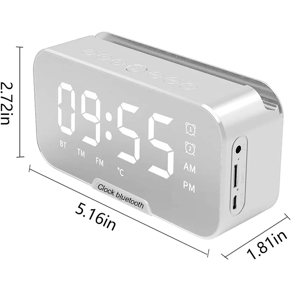 Digital Alarm Clock Mirror Surface LED Blue Tooth Speaker Mobile Phone Bracket Voice FM Desktop Sound for Display Temperature