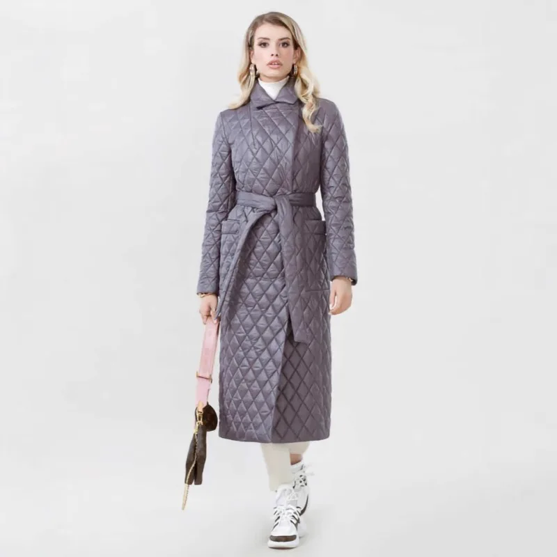 Hepburn Style Women' New Autumn and Winter High-end Knee-feeling Casual Foreign Style Rhombus Loose and Thin Long Cotton Clothes