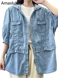Max LuLu 2024 Summer Womens Denim Hooded Floral Tops Fashion Oversized Printed Shirts Ladies Casual Loose Blouses Cotton Clothes