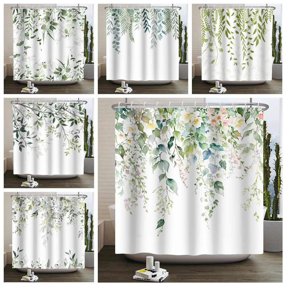 for Bathroom Vines Plant Nordic Minimalist Polyester Botanic Curtain Watercolor Green Leaf Shower Curtain for Home Hotel