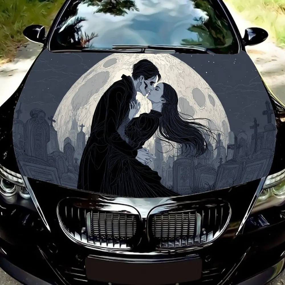 Kiss Under the Moonlight Car Vinyl Wrap, PVC Waterproof Car Hood Sticker, Self-Adhesive Scratch-Resistant Stickers for Engine Co