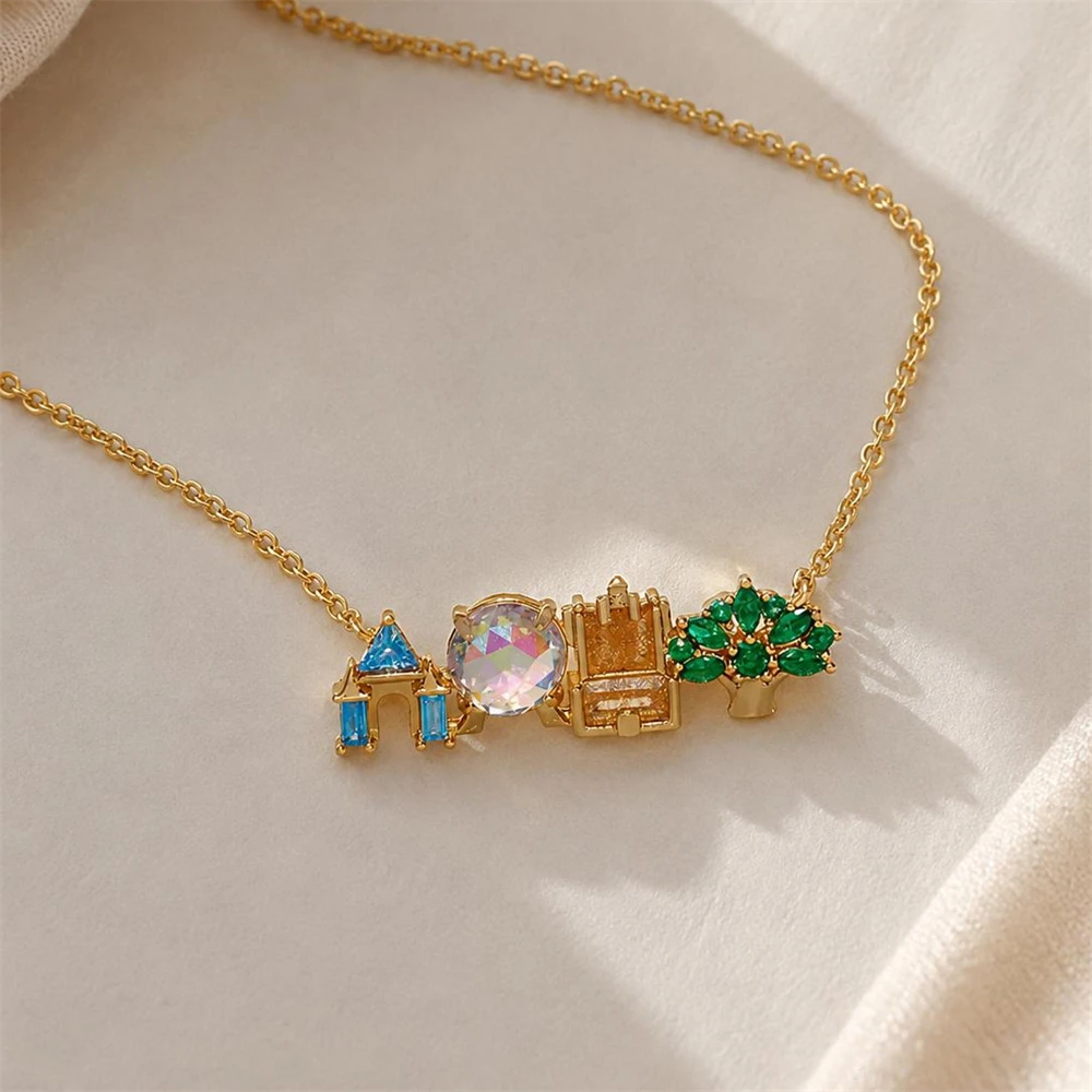 Cute Sweet Colorful Crystal Amusement Park Pendant Necklace for Girl Daily Wear Jewelry Women Rose Gold Choker Bridesmaid Gift