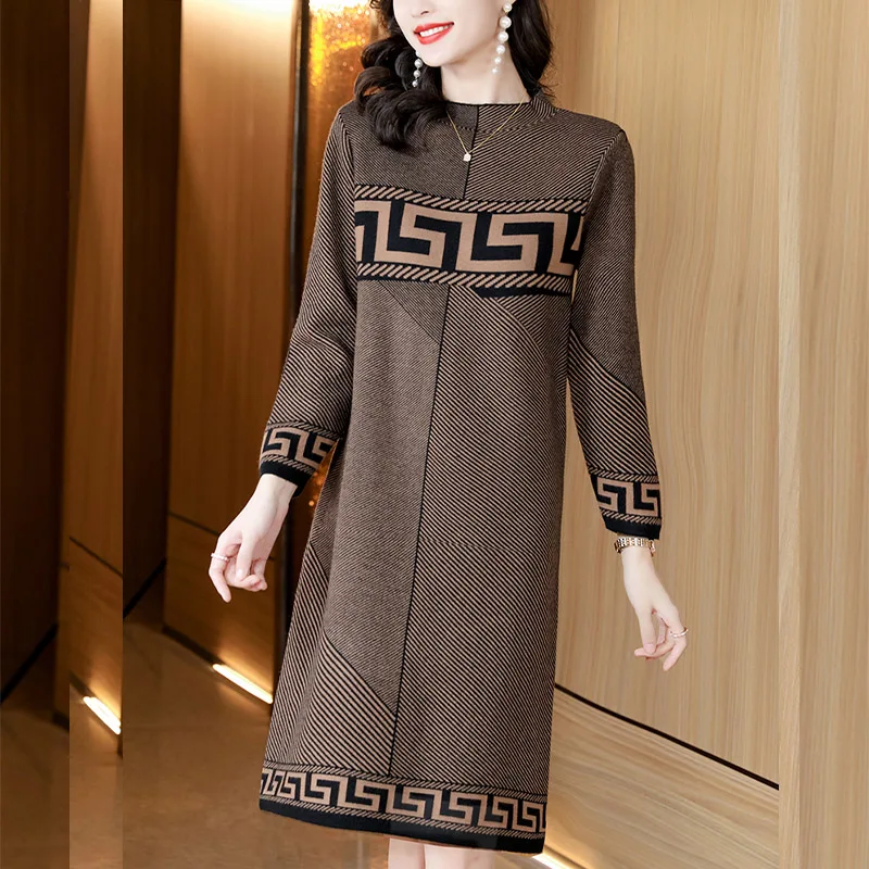 2024 Autumn Winter Temperament Grace Dresses Women Clothing High End Jacquard Commute Loose Knitted Dress