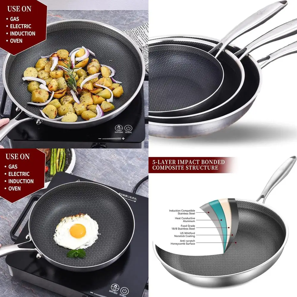 

Tri-Size Nonstick Frying Pan Set, Stainless Steel Cookware with Removable Handle, Induction & Oven Safe, Eco-Friendly PFOA-Free
