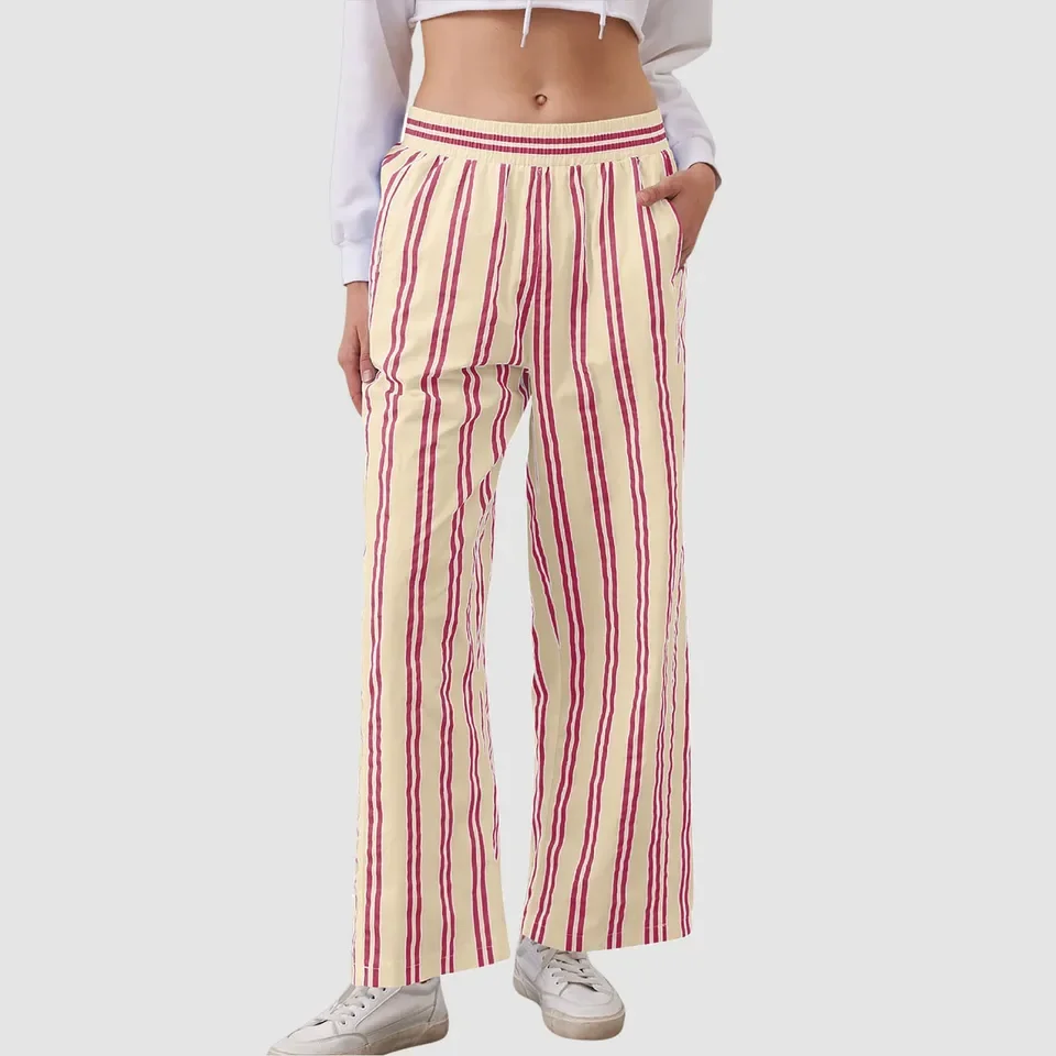 

Women Stripe Print Drawstring Pants Wide Leg Casual Trousers Low Rise Loose Pants With Pocket Women Clothing Pantalones De Mujer