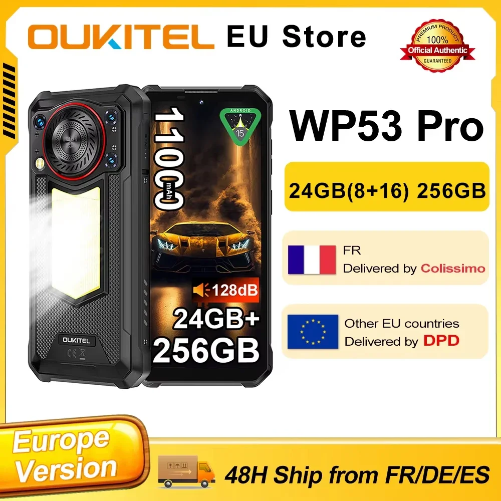 Smartphone robuste OUKITEL WP53 PRO, 50MP, 24 Go (8+16) 256 Go, 11000 mAh, Android 15, lampe de camping, haut-parleur, 6,52 pouces, NFC, t�l�phone portable