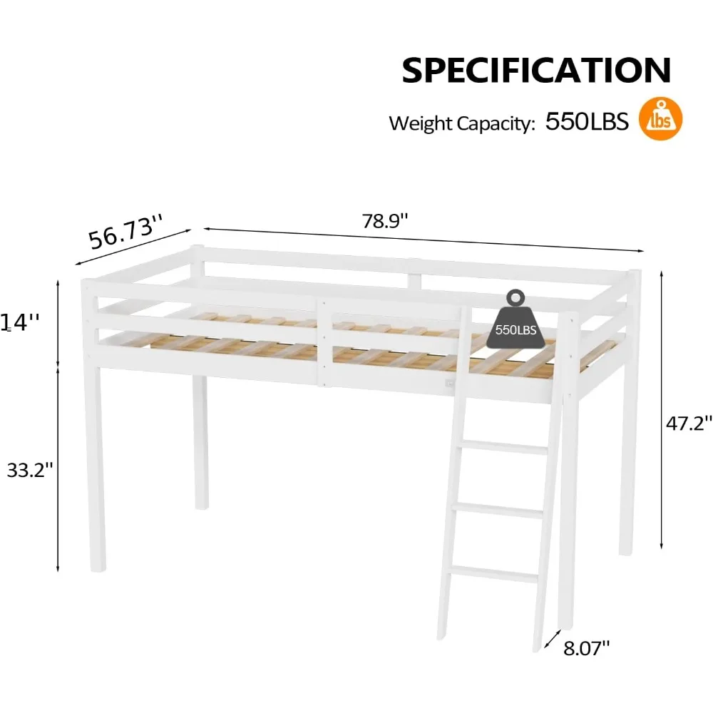 Small Low Loft Bed - With Stairs, White Wood Loft Bed Full Size for Adults, Children and Teens，No box springs required，White