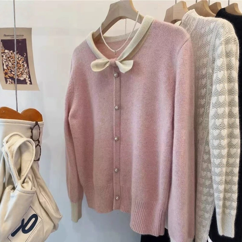 Autumn/Winter Bow-Neck Women Tops Long-Sleeve Colorblock Pullover Sweater