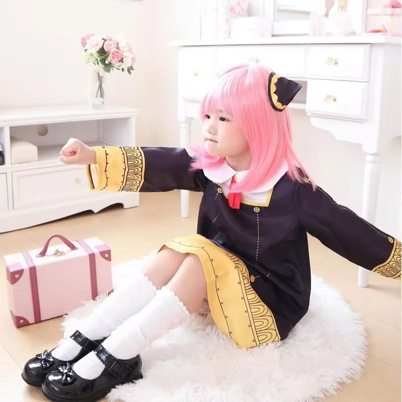 Anime SPY X FAMILY Anya Forger Cosplay Costume Black Dress Uniform Child Girls Pink Wig Stockings Party Role Outfit Adults Kids