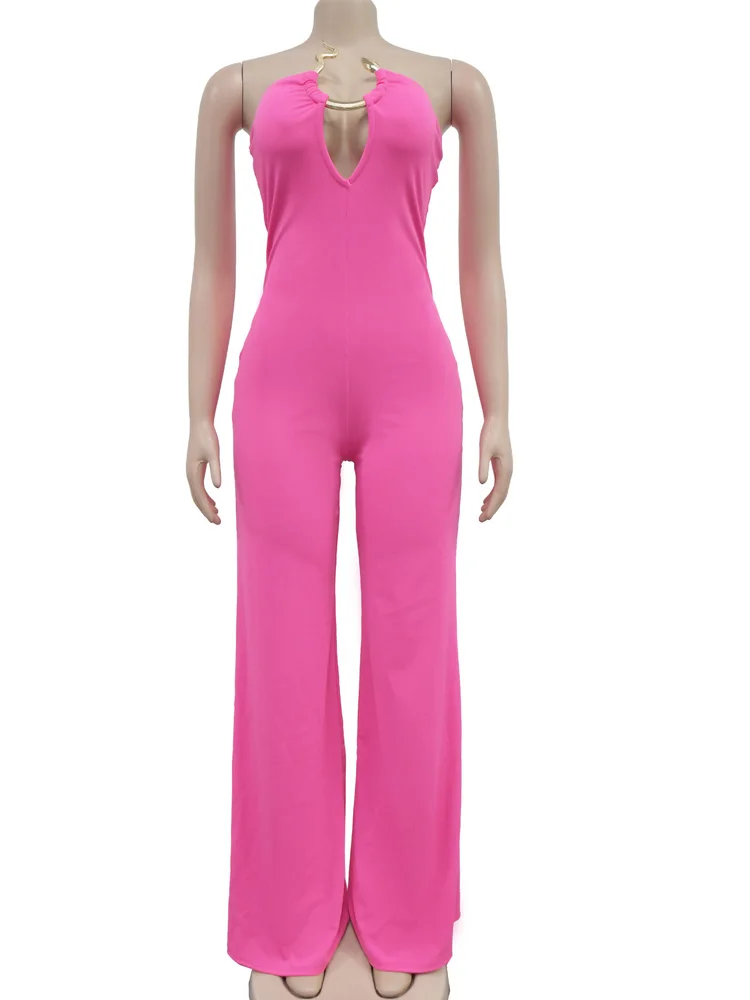 Bonnie Forest New Chic Snake Buckle Cargo Jumpsuits Casual Strapless Chest-Wrapped Wide-Leg Jumpsuit Nightclub Outfits Clubwear