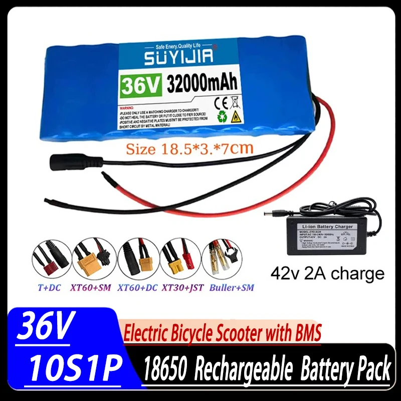 36V Backup Battery 10S1P 32000mAh 18650 Rechargeable Lithium Ion Battery Pack Ebike Electric Car Bicycle Scooter with BMS