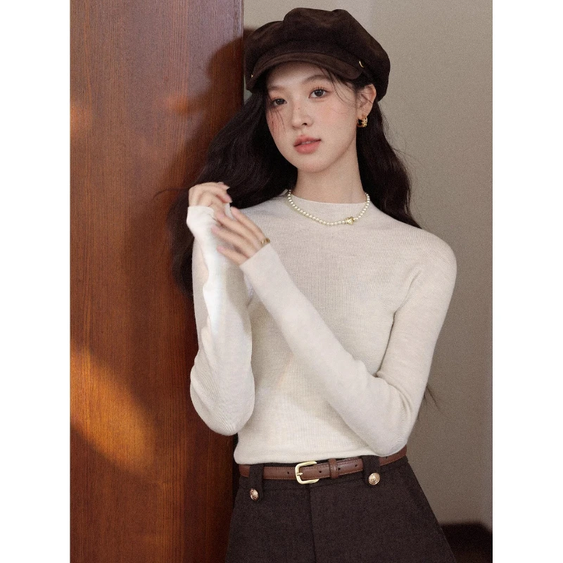 

ALXNAN бежевый трикотаж облегающего кроя с обычными плечами и воротником-стойкой, женские осенние универсальные повседневные женские топы премиум-класса с внутренним слоем L58625