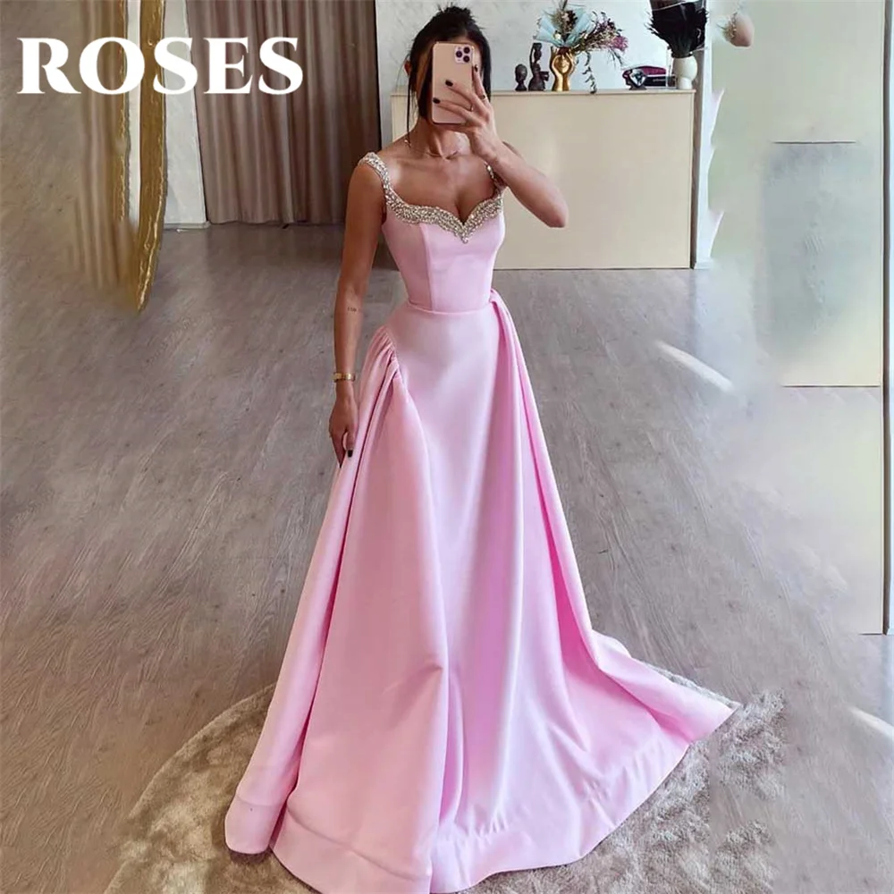 

ROSES Pink Evening Dress Spaghetti Strap A-Line Sweetheart Party Dress Vestido De Novia Sexy Pleat Crystal Sleeveless Prom Dress