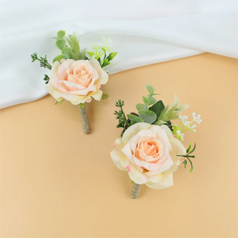 Pink Silk Roses Wedding Bride and Groom Artificial Flowers Boutonniere Wedding Accessories  Buttonhole Brooch Flower Brooch Pins