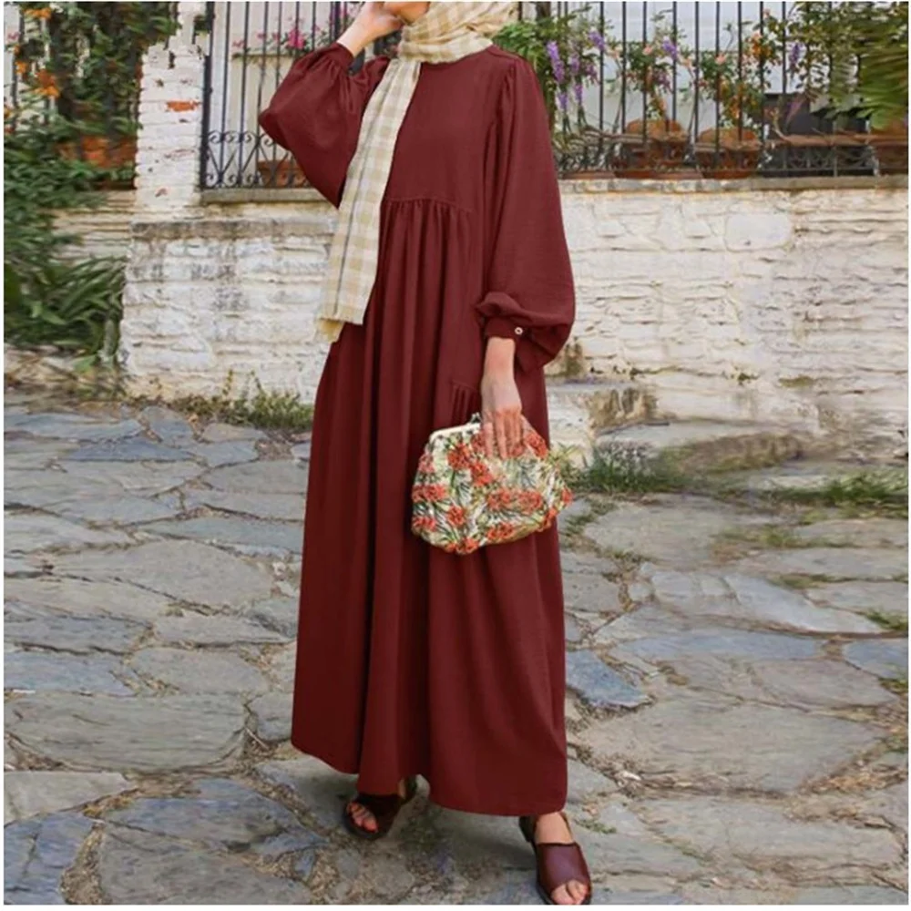 New Luxury Fashion Arab Muslim Women's Solid Color Round Neck Lantern Sleeves Loose Casual Fashion Women's Islamic Dress