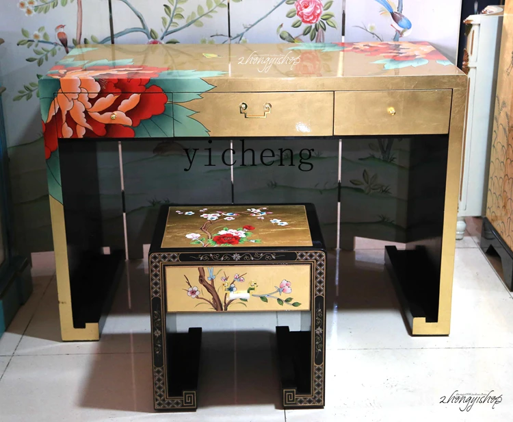 

LX Gold Foil Hand Painted Dressing Table Dressing Stool Combination Furniture