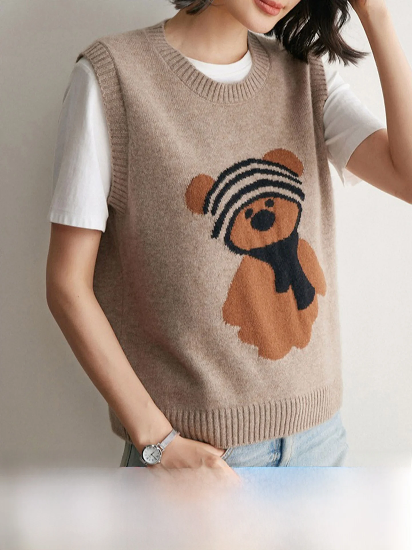 

Pure Camere жилет женский круглый Ne Svel пушистый топ с вышивкой медведя OL Sle осеннее новое поступление антивозрастной