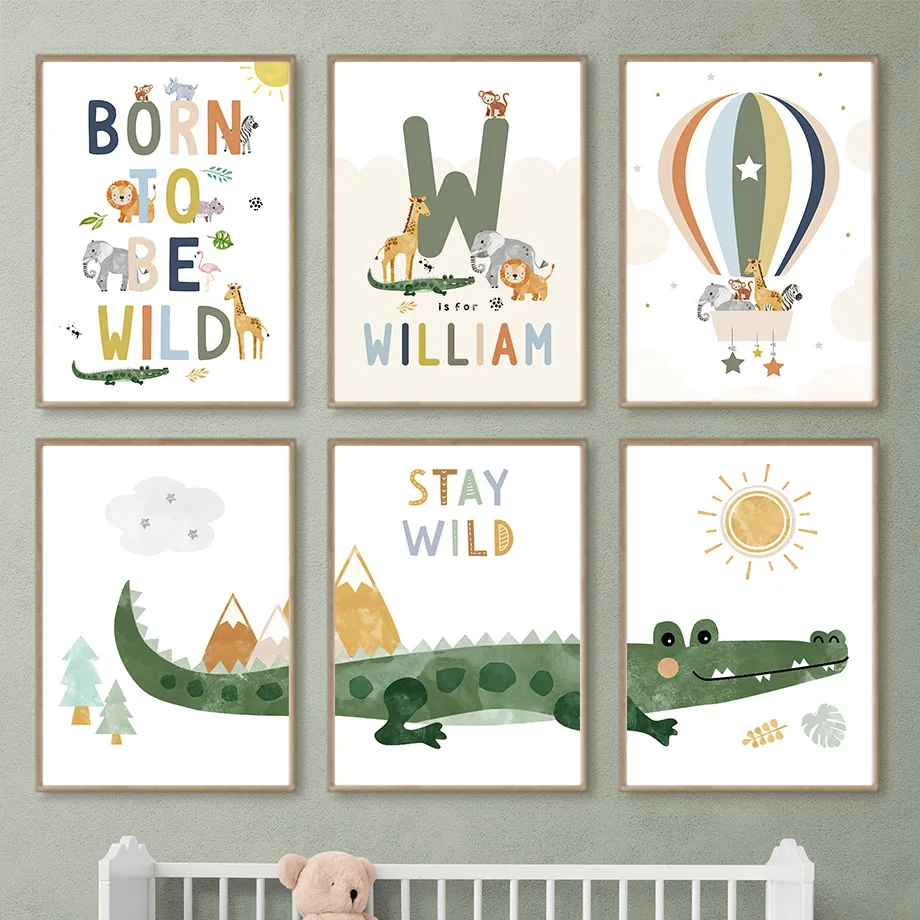 （2D Canvas painting） Crocodile Balloon Lion Elephant Giraffe Nordic Posters And Prints Nursery Wall Art Canvas Painting Pictu