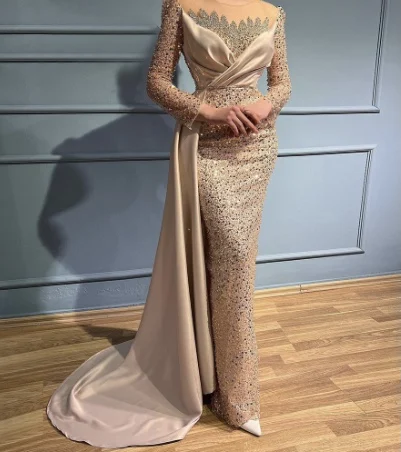 2022 Champagne Mermaid O Neck Banquet Sequin Long Sleeve Prom Dress Beaded Robe De Soiree Evening Dresses