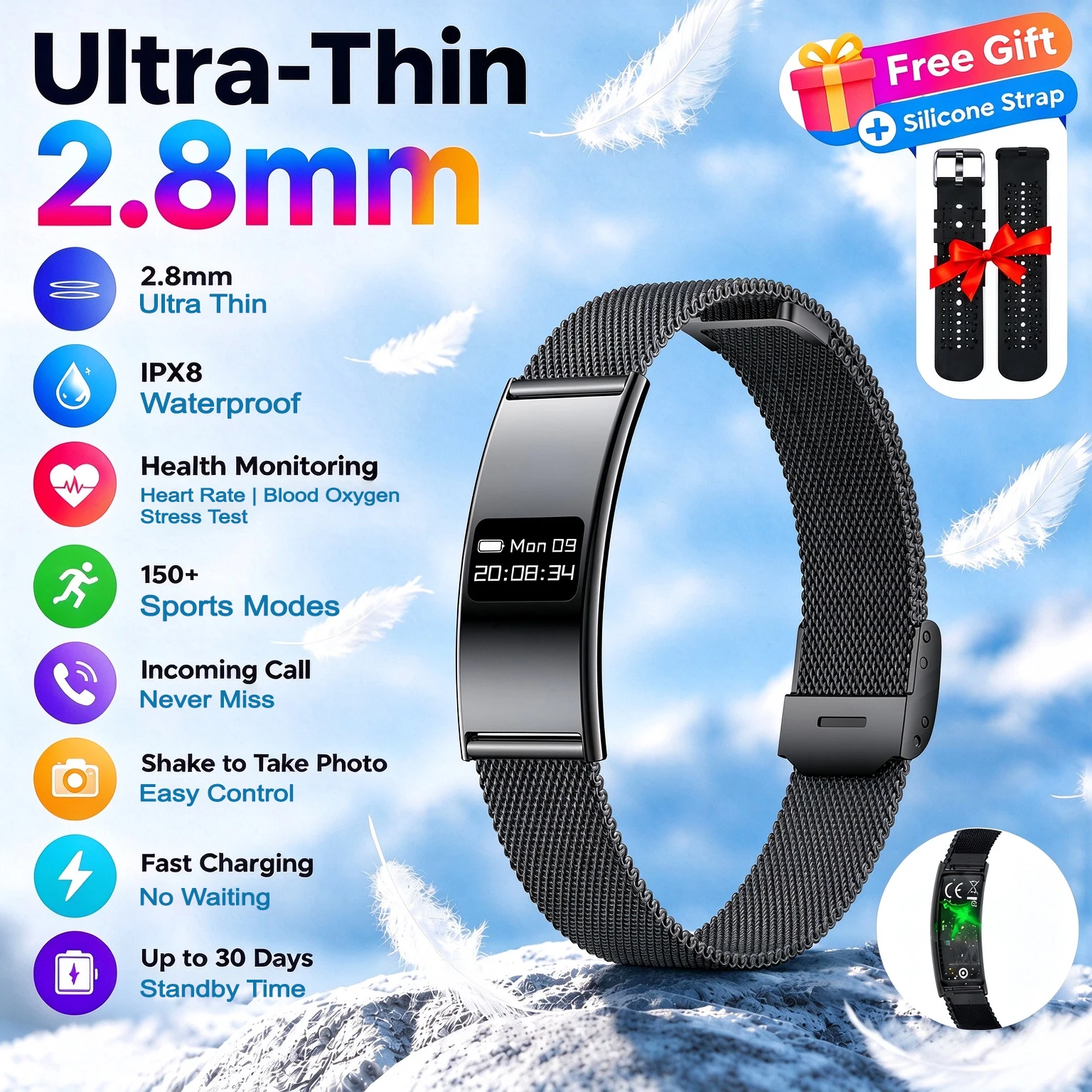 2026 New Smart Watch Ultra Thin 2.8Mm Multifunctional Ipx8 Waterproof Sleep Monitoring Reminder Vibration Photography Wristband