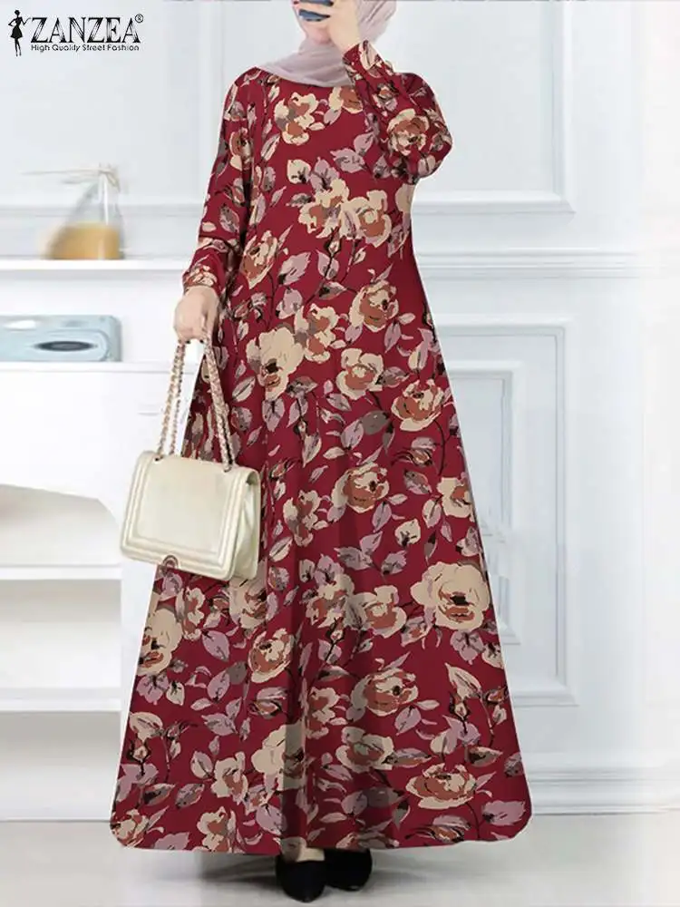 

ZANZEA Women Vintage Floral Printed Sundress Spring Long Sleeve Muslim Kaftan Abaya Dress Robe Femme Casual Islamic Clothing