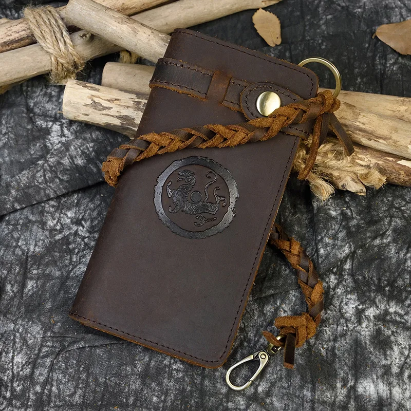 

Fashion vintage men women wallet genuine leather credit card hand purse wallet with braided wrist strap long wallet for phone