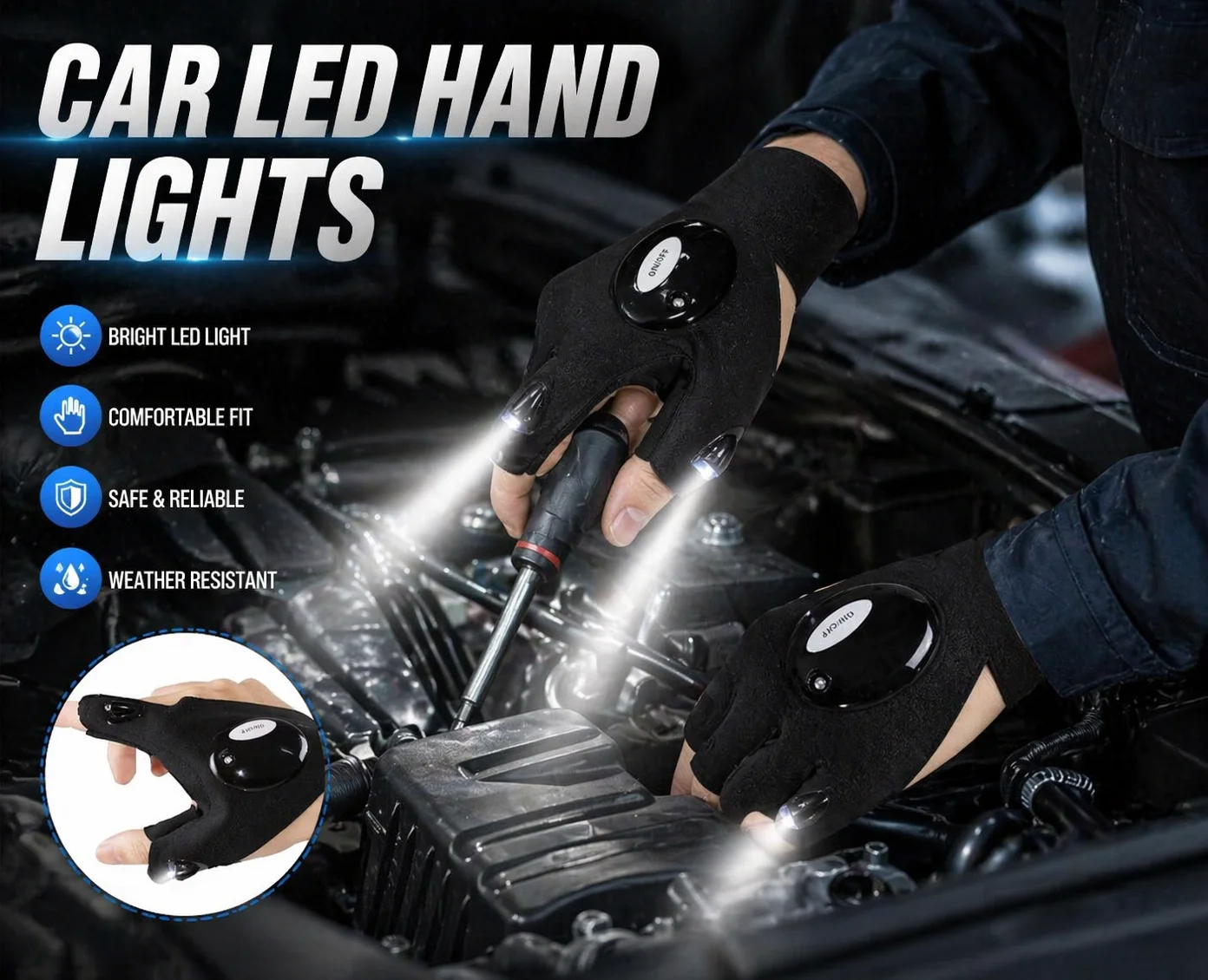 

LED Flashlight Gloves Hands-Free Finger Light Luminous Glove for Auto Car Repair Fishing Camping Night Running Mens Gadget Gift