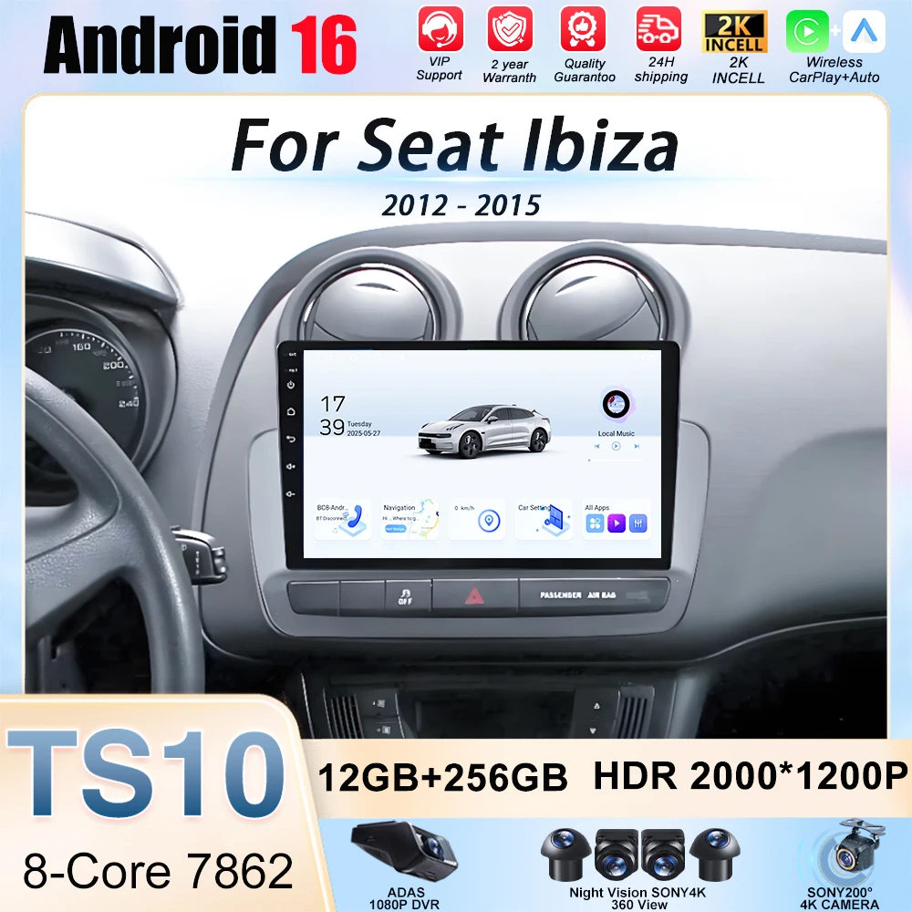 Radio Multimedia para Auto con Android 16 para Seat Ibiza 2012 2013 2014 2015, Reproductor de Video, Estéreo para Auto, CarPlay Inalámbrico, 5G WIFI, BT, GPS, DSP