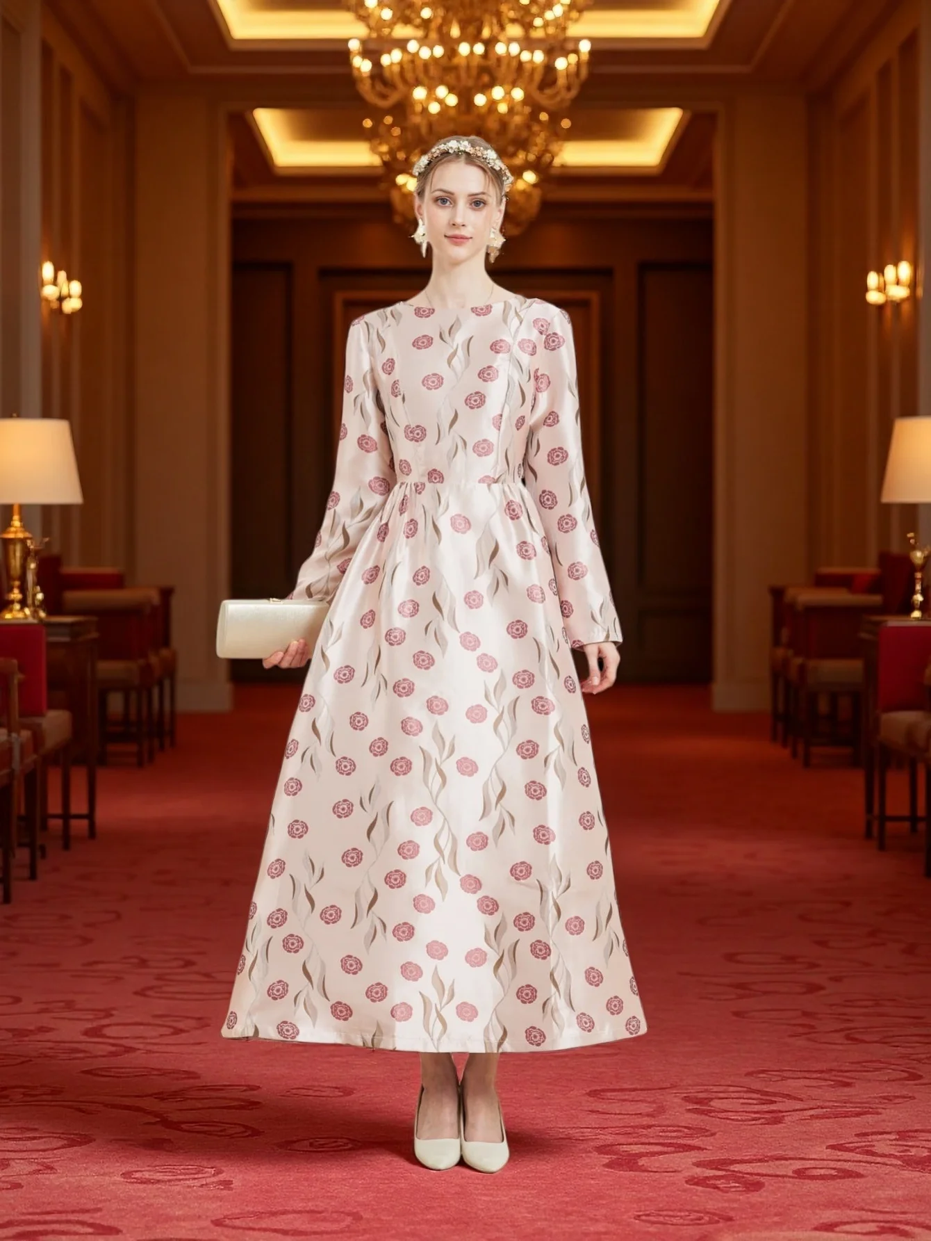 Herbst/Winter Neuer Stil Retro Hofdamen-Stil Jacquard-Kleid in Voller Länge mit Taillenschnürung und Weitem Saum