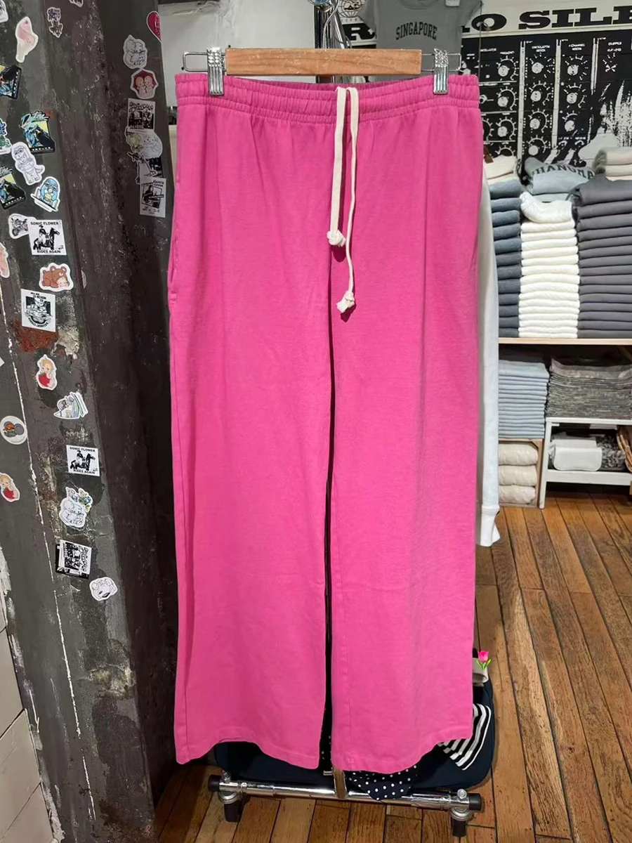 

New Rose Red Straight Sweatpants Women Summer Drawstring Elastic Waist Cotton Trousers Casual Simple Solid Sport Loose Long Pant