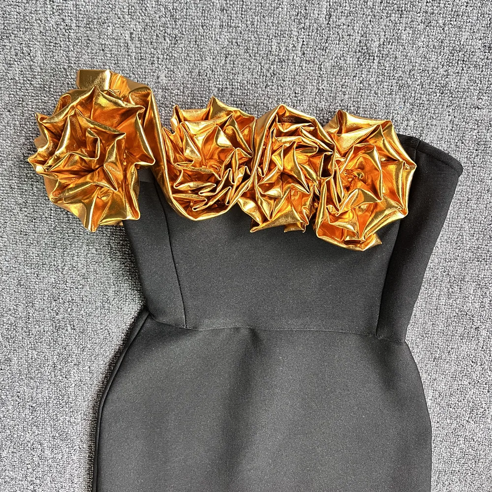 Black One Shoulder Flower Appliques Bodycon Prom Party Bandage Dress Sexy Short Sleeve Midi Celebrity Evening Runway Party Dress