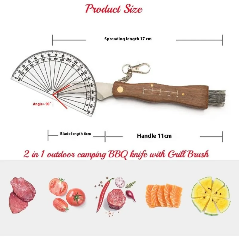 Mini Mushroom Knife Stainless Steel Wooden Handle Sharp Camping Hunting Survival Multifunctional Folding Barbecue Brush Tool