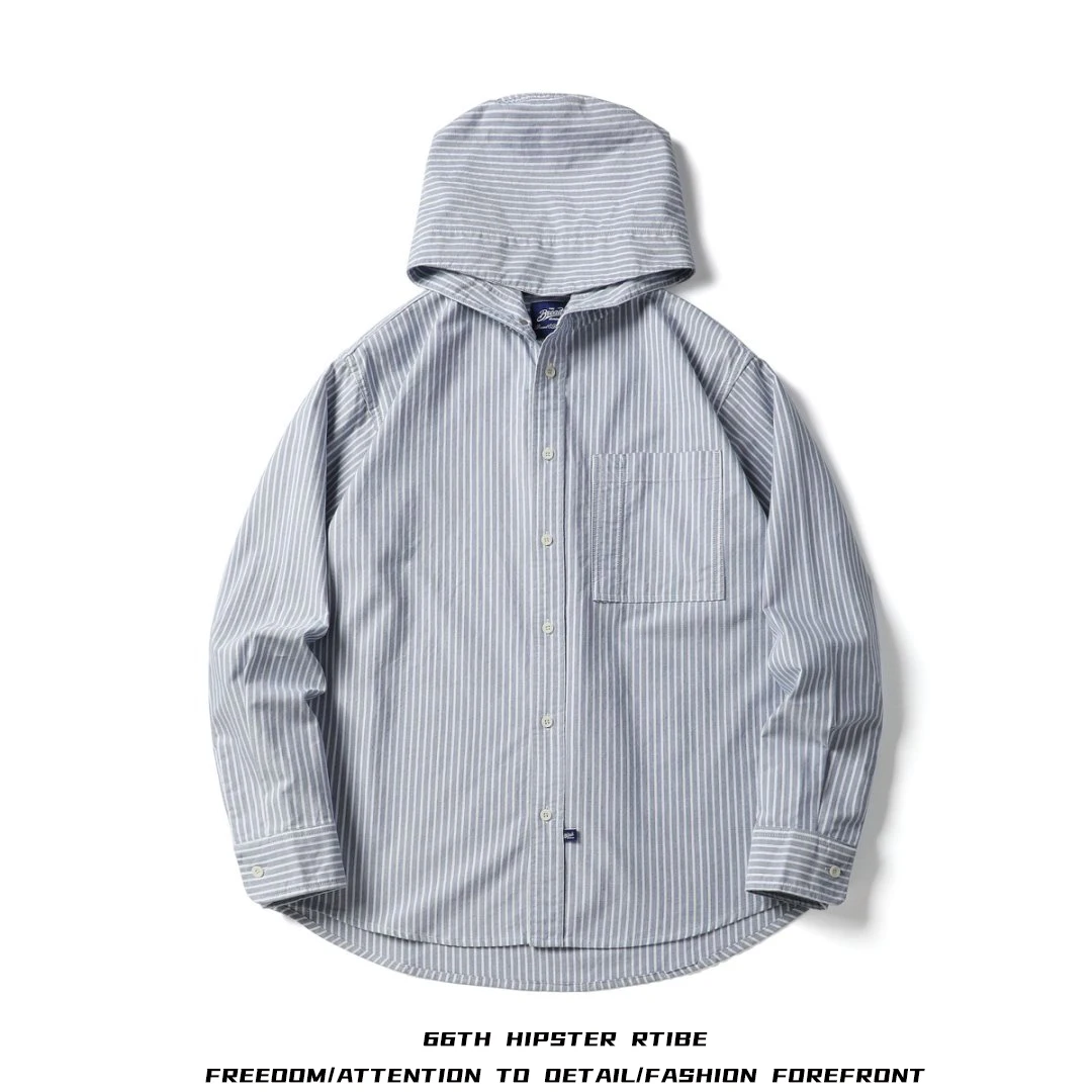 Sudadera Retro Japonesa de Manga Larga con Capucha y Rayas de Tela Oxford para Hombre, Chaqueta Casual de Algodón para Otoño