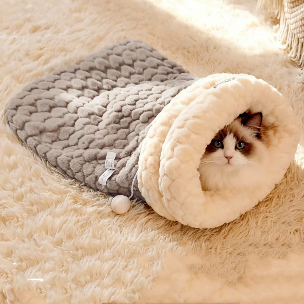 

Durable Semi-enclosed Cat Sleeping Bag Warm Comfortable Cat Tunnel Nest with Ball Windproof Pet Cozy Cave Home