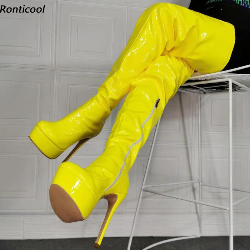 

Ronticool New Women Winter Platform Thigh Boots Side Zipper Stiletto Heels Round Toe Yellow Cosplay Shoes Us Plus Size 5-20