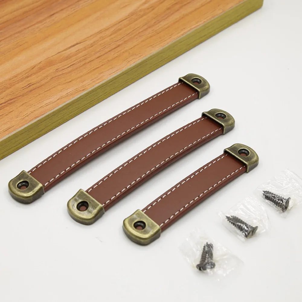 Vintage With Screws Leather Handle Zinc Alloy Square Drawer Handle 96/128/160mm Soft Door Knobs Gift Box