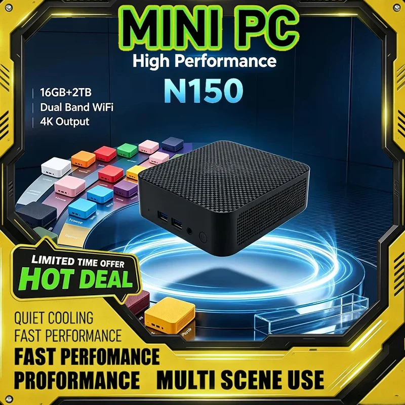 Multi-Color Mini PC Intel N150 16GB RAM 2TB HDD High-Performance Windows 11 Portable Gaming Desktop for Office Quiet Cooling
