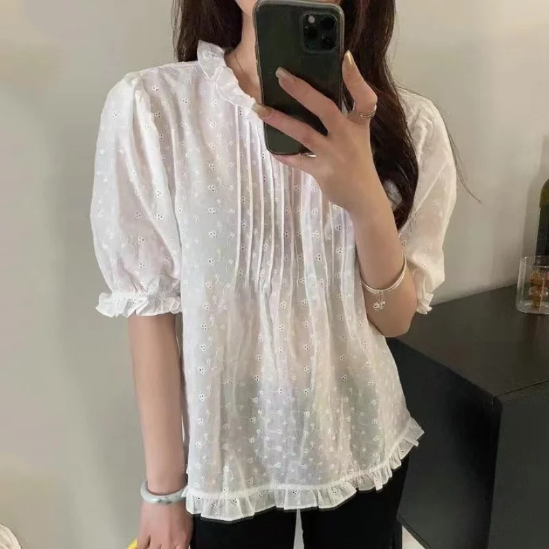 

Korean Chic Hollow Out Puff Sleeve Shirt Women Sweet Round Neck Lace Ruffle Loose Blouse Woman Embroidery Fashion Lady Top 27344