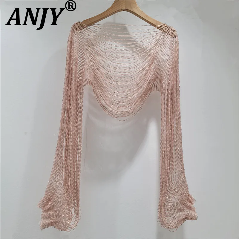 ANJY 2026 Spring Summer New Women Fashion Unique Studded Diamonds Matching Shawl Trendy Versatile Chic Ins Streetwear Top A19119