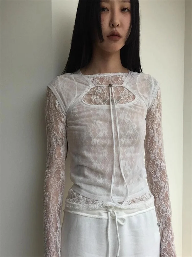 Rétro japonais Sle Long Sve dentelle Nylon femmes T-irt vêtements intérieurs conception transparente trajet Sle Slim Fit rond Ne