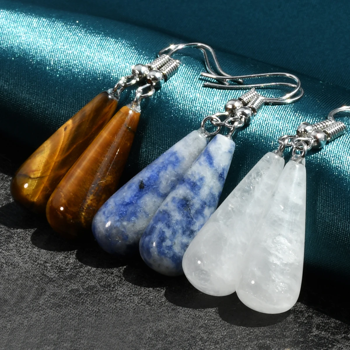 Natural Stone Yellow Jade Green Aventurine Rose Quartz Tiger Eye Stone Pendant Earrings Bohemian Women\'s DIY Handmade Jewelry