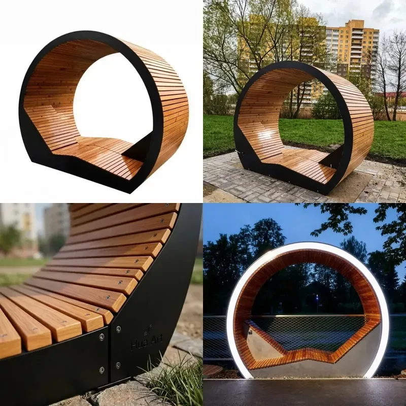 Modern Outdoor Round Bench for Park Garden Street View Stainless Steel Wood Seat Metallic Furniture
