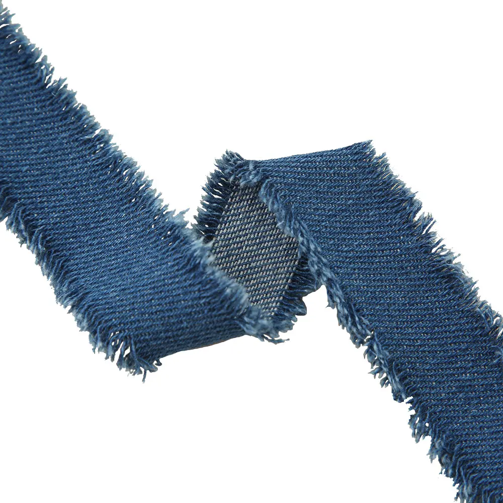 Denim Blue Polyester Ribbon with Spool Handmade Fringe Frayed Fabric Cloth for Wedding Invitations Bridal Bouquets Gift Wrapping