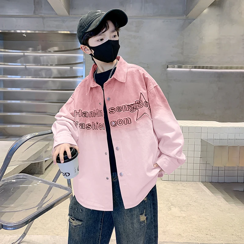 Spring Autumn Boys Shirts Fashion Letters Printing Cotton Shirt Coat Kids Clothes Teenage boys Tie-dye Tops for Children Boy