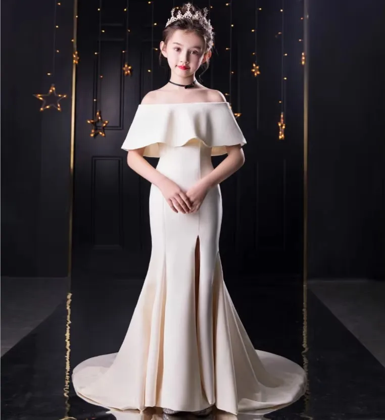 Girls Dresses For Party And Wedding Sexy Side Slit Elegant Child Girl Evening Dress With Train White Communion Dress Girl 2T-14T